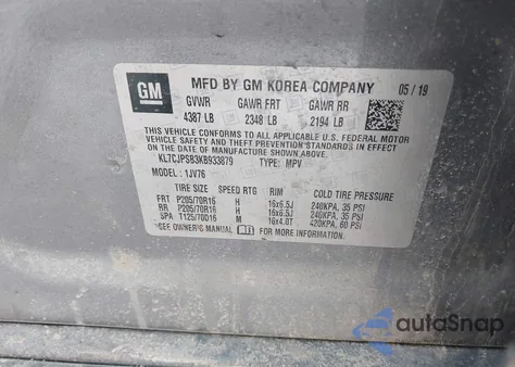 2019 Chevrolet Trax Lt z USA, uszkodzony, nr VIN KL7CJPSB3KB933879